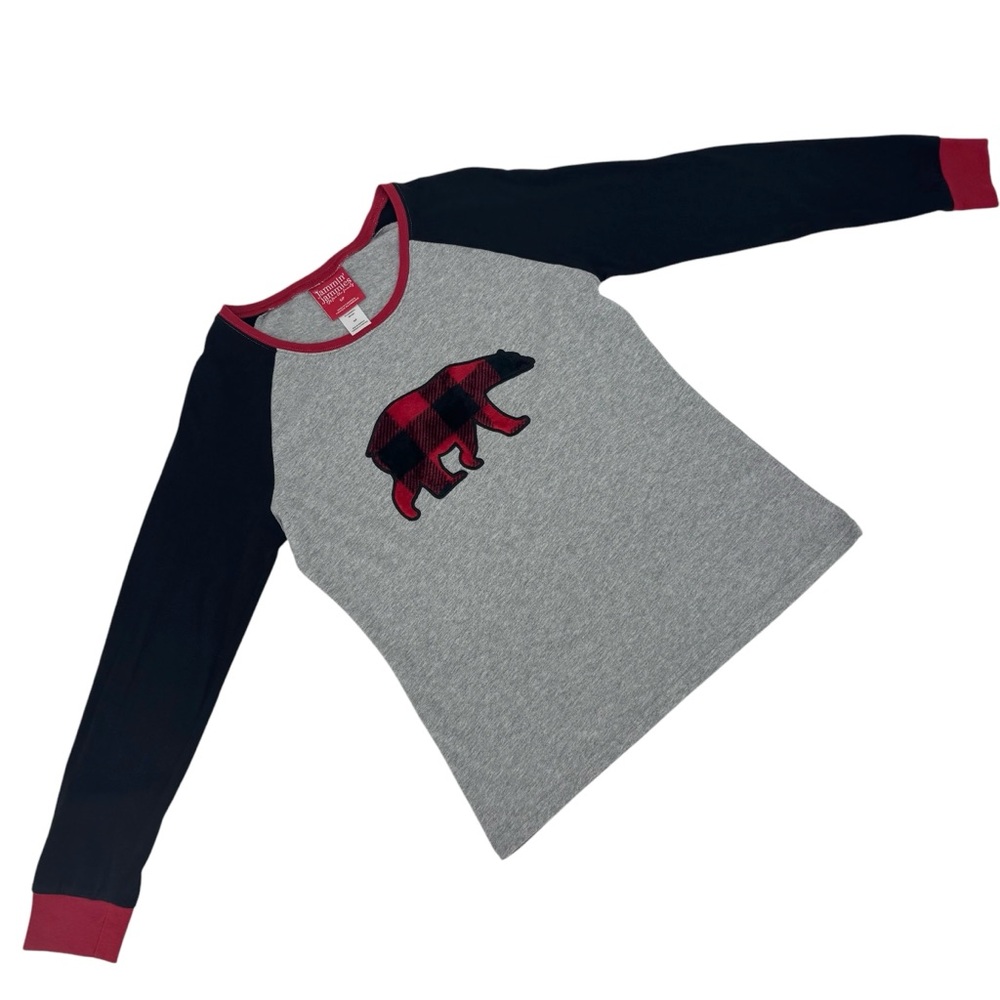 Jammin' Jammies Heather Grey, Black, and Red PJ Top with Fuzzy Plaid Bear, Small
